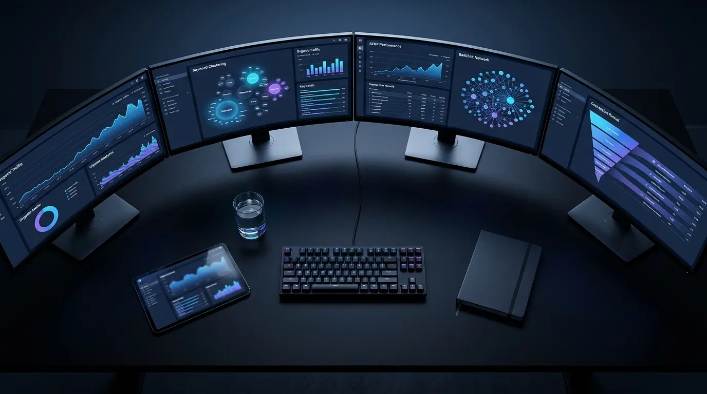 1. B2B SEO analytics dashboard setup on dual monitors with keyword and traffic metrics.