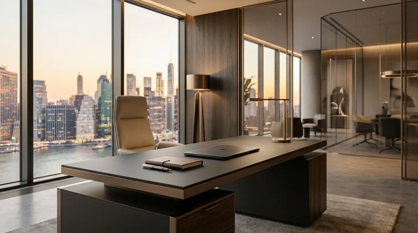 1. Executive office overlooking London skyline with leather chair and dark wooden desk.