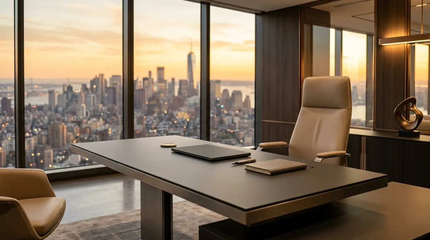 1. Financial editorial premium office interior with London City view and warm ambient lighting.