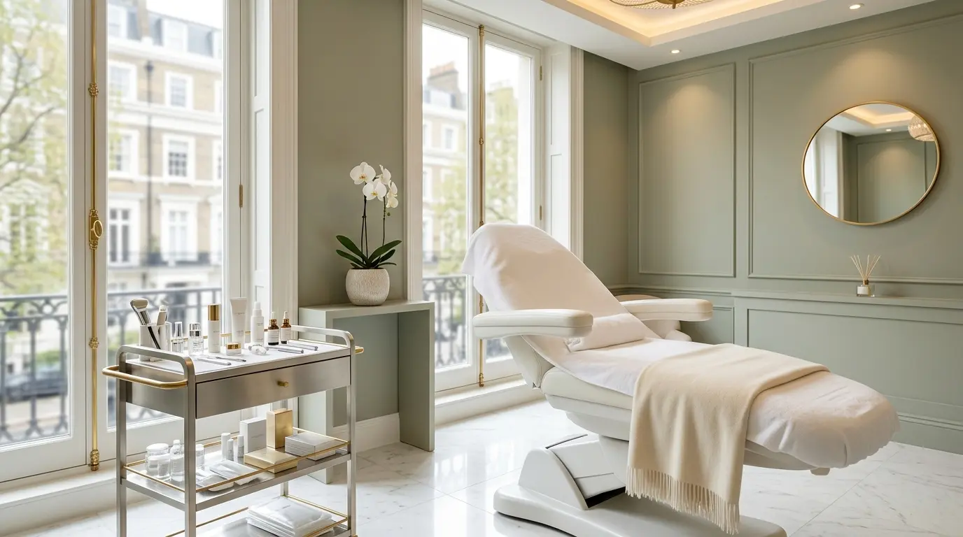 1. London lip filler clinic room with elegant white chair and gold accents.