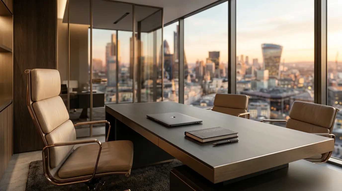1. Premium trading office in London with golden hour city view and executive workspace.